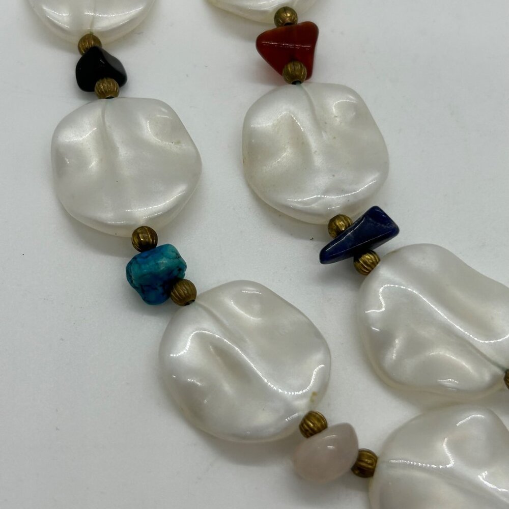 Vintage Acrylic Beaded Necklace Earrings White With Colorful Accents Plastic Set - Picture 6 of 11